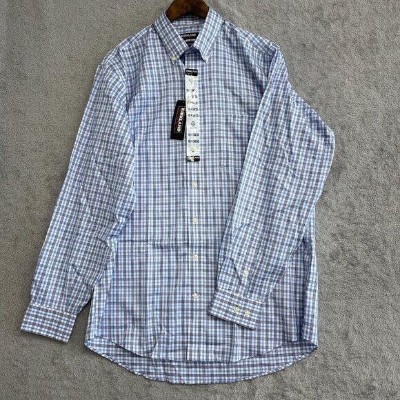 NEW Kirkland Signature Men's 16 34/35 Button down Dress Shirt Blue Plaid - Picture 2 of 9